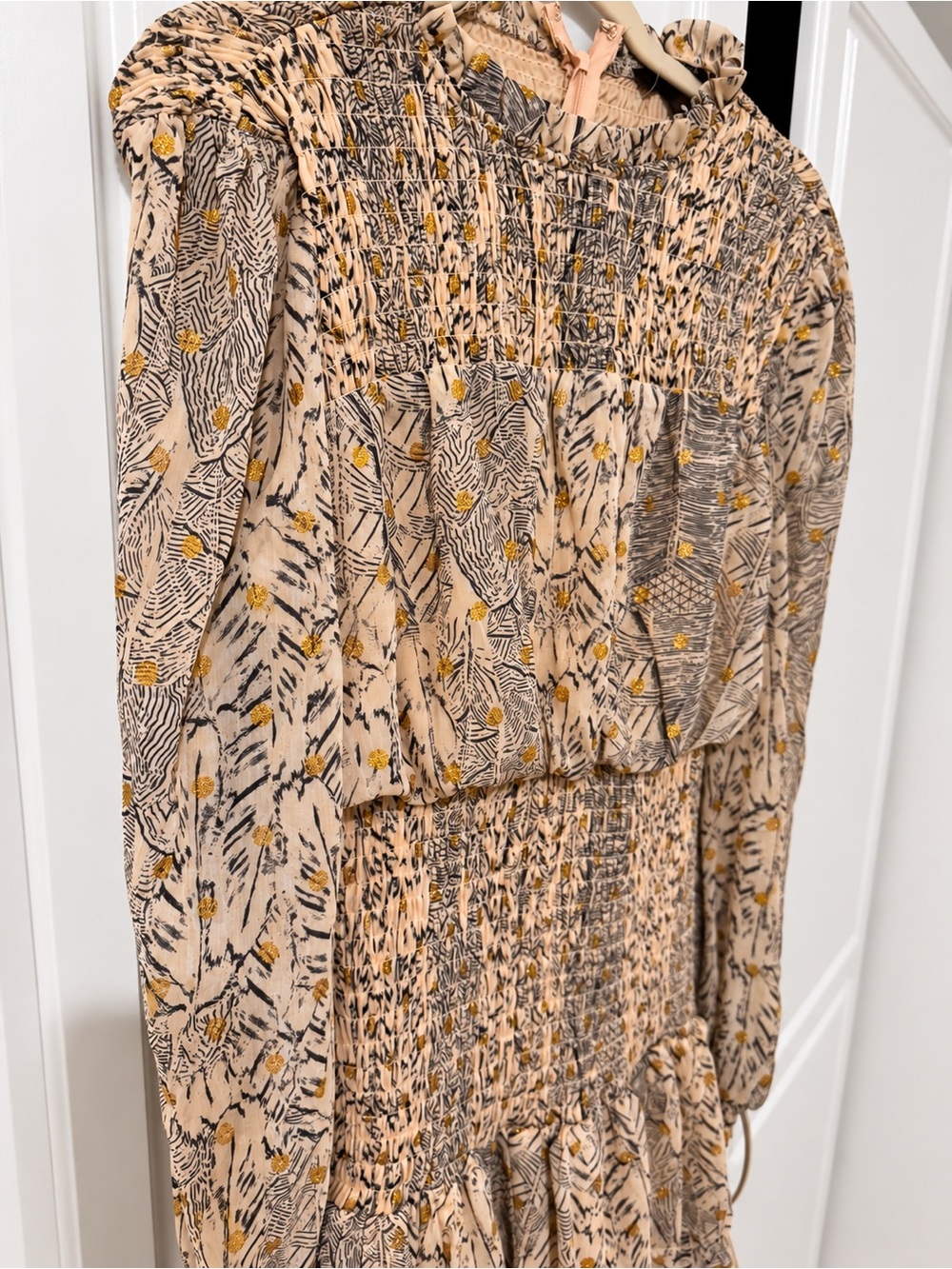 Smocked Floral Print Long Sleeve Dress - Beige